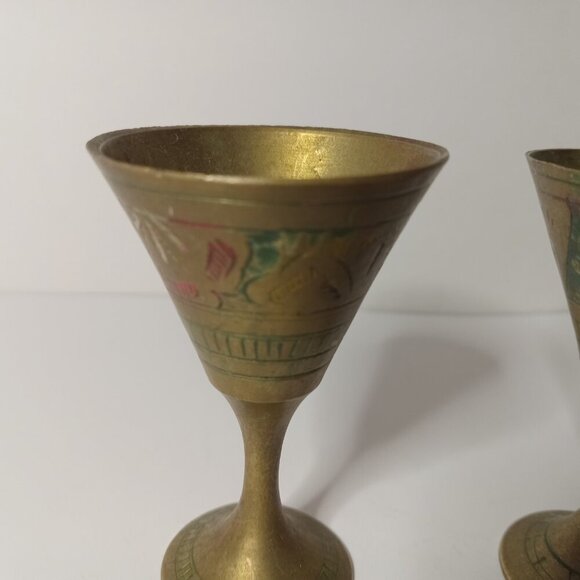 Set of 2 Vintage Etched Brass  Goblet Chalice Cups  2.5 in - Picture 9 of 12